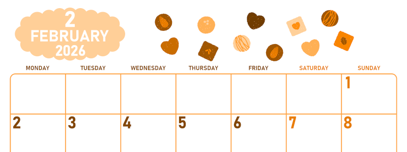 2026年2月横型月曜始まり チョコのイラストがかわいいA4無料オレンジのカレンダー(2026-01070201)