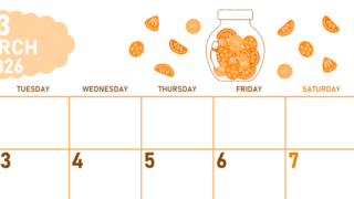 2026年3月横型月曜始まり 果物イラストのかわいいA4無料オレンジのカレンダー(2026-01070301)