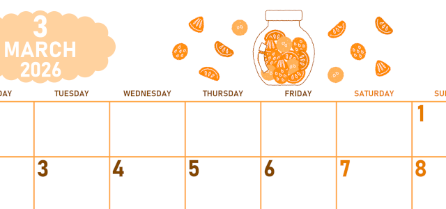 2026年3月横型月曜始まり 果物イラストのかわいいA4無料オレンジのカレンダー(2026-01070301)