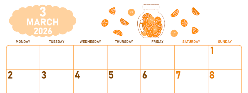 2026年3月横型月曜始まり 果物イラストのかわいいA4無料オレンジのカレンダー(2026-01070301)