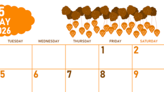 2026年5月横型月曜始まり いちごイラストのかわいいA4無料オレンジのカレンダー(2026-01070501)