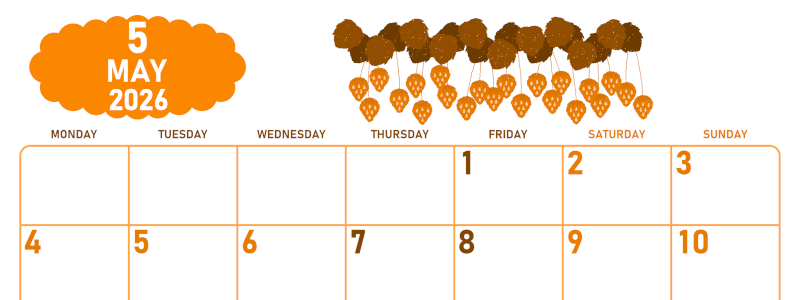 2026年5月横型月曜始まり いちごイラストのかわいいA4無料オレンジのカレンダー(2026-01070501)