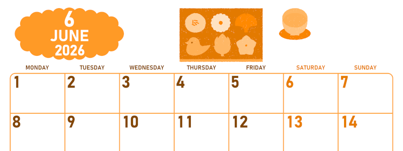 2026年6月横型月曜始まり 和菓子イラストのかわいいA4無料オレンジのカレンダー(2026-01070601)