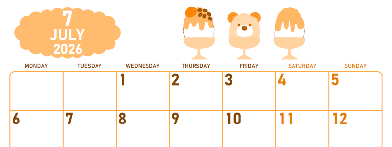 2026年7月横型月曜始まり かき氷イラストのかわいいA4無料オレンジのカレンダー(2026-01070701)