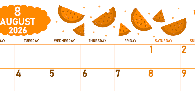 2026年8月横型月曜始まり 季節の果物イラストのかわいいA4無料オレンジのカレンダー(2026-01070801)