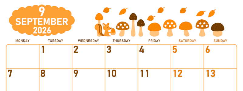 2026年9月横型月曜始まり 秋の季節イラストがかわいいA4無料オレンジのカレンダー(2026-01070901)