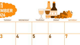 2026年11月横型月曜始まり ぶどうイラストのかわいいA4無料オレンジのカレンダー(2026-01071101)