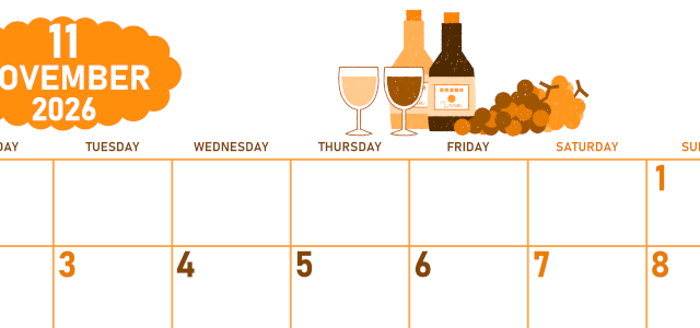 2026年11月横型月曜始まり ぶどうイラストのかわいいA4無料オレンジのカレンダー(2026-01071101)