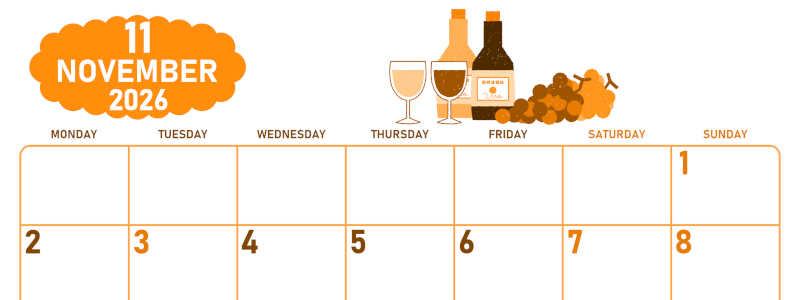 2026年11月横型月曜始まり ぶどうイラストのかわいいA4無料オレンジのカレンダー(2026-01071101)