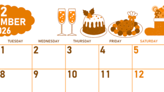 2026年12月横型月曜始まり 御馳走イラストのかわいいA4無料オレンジのカレンダー(2026-01071201)