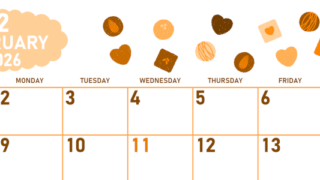 2026年2月横型日曜始まり チョコのイラストがかわいいA4無料オレンジのカレンダー(2026-01070200)