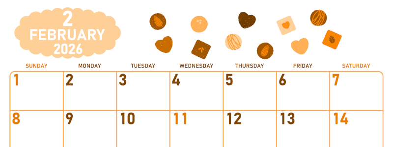 2026年2月横型日曜始まり チョコのイラストがかわいいA4無料オレンジのカレンダー(2026-01070200)