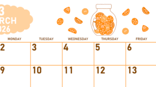 2026年3月横型日曜始まり 果物イラストのかわいいA4無料オレンジのカレンダー(2026-01070300)