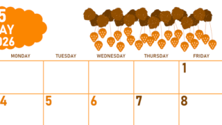 2026年5月横型日曜始まり いちごイラストのかわいいA4無料オレンジのカレンダー(2026-01070500)