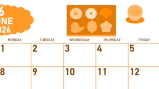 2026年6月横型日曜始まり 和菓子イラストのかわいいA4無料オレンジのカレンダー(2026-01070600)