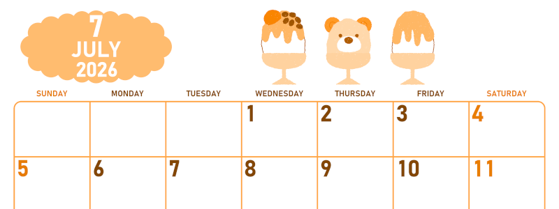 2026年7月横型日曜始まり かき氷イラストのかわいいA4無料オレンジのカレンダー(2026-01070700)