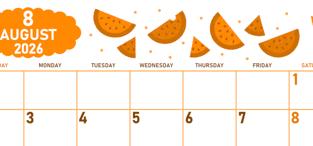 2026年8月横型日曜始まり 季節の果物イラストのかわいいA4無料オレンジのカレンダー(2026-01070800)