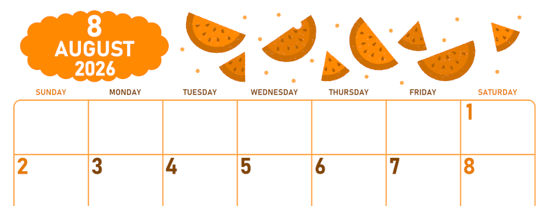 2026年8月横型日曜始まり 季節の果物イラストのかわいいA4無料オレンジのカレンダー(2026-01070800)