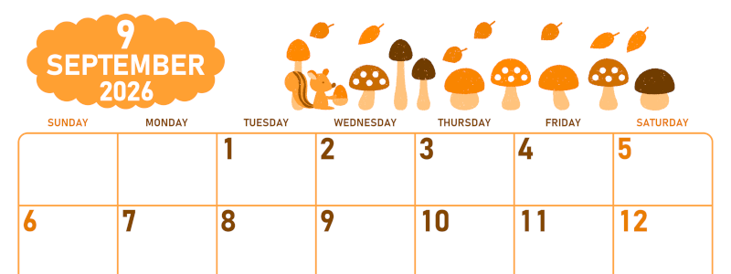 2026年9月横型日曜始まり 秋の季節イラストがかわいいA4無料オレンジのカレンダー(2026-01070900)