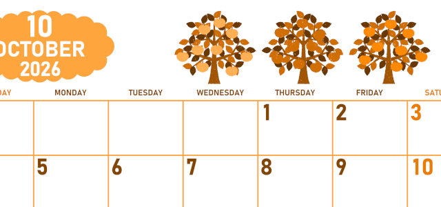 2026年10月横型日曜始まり リンゴの木イラストのかわいいA4無料オレンジのカレンダー(2026-01071000)