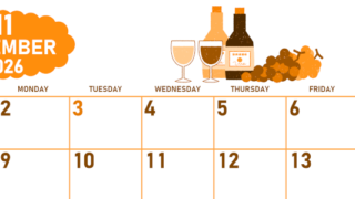 2026年11月横型日曜始まり ぶどうイラストのかわいいA4無料オレンジのカレンダー(2026-01071100)