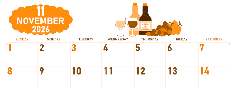 2026年11月横型日曜始まり ぶどうイラストのかわいいA4無料オレンジのカレンダー(2026-01071100)