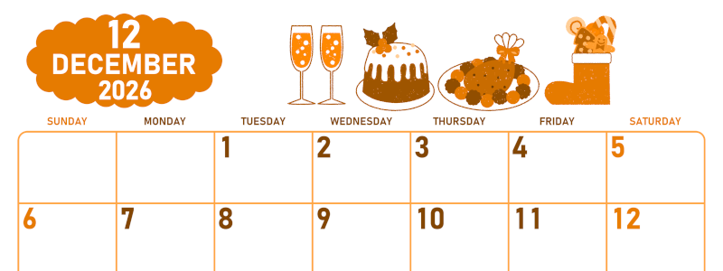 2026年12月横型日曜始まり 御馳走イラストのかわいいA4無料オレンジのカレンダー(2026-01071200)