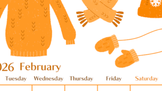 2026年2月縦型月曜始まり イラストのおしゃれA4無料オレンジのカレンダー(2026-01080211)