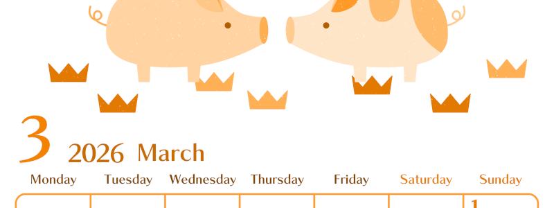 2026年3月縦型月曜始まり 子豚イラストのおしゃれA4無料オレンジのカレンダー(2026-01080311)
