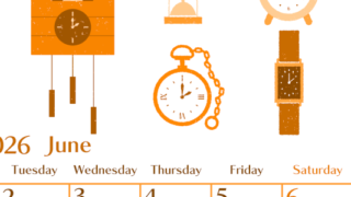 2026年6月縦型月曜始まり 時計イラストのおしゃれA4無料オレンジのカレンダー(2026-01080611)