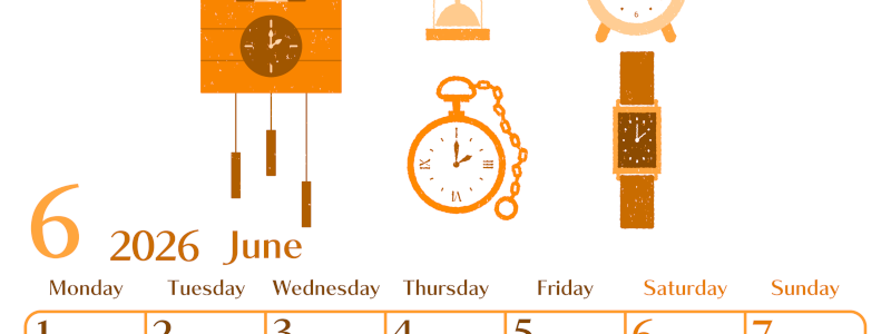 2026年6月縦型月曜始まり 時計イラストのおしゃれA4無料オレンジのカレンダー(2026-01080611)
