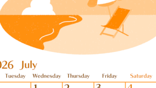 2026年7月縦型月曜始まり  バカンスイラストのおしゃれA4無料オレンジのカレンダー(2026-01080711)
