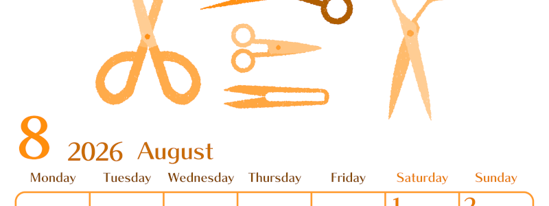 2026年8月縦型月曜始まり ハサミイラストのおしゃれA4無料オレンジのカレンダー(2026-01080811)