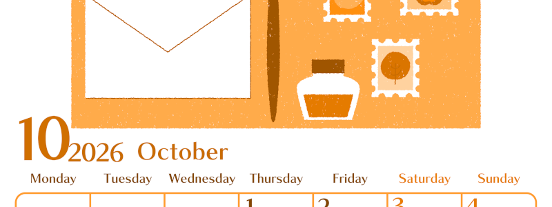 2026年10月縦型月曜始まり 手紙イラストのおしゃれA4無料オレンジのカレンダー(2026-01081011)