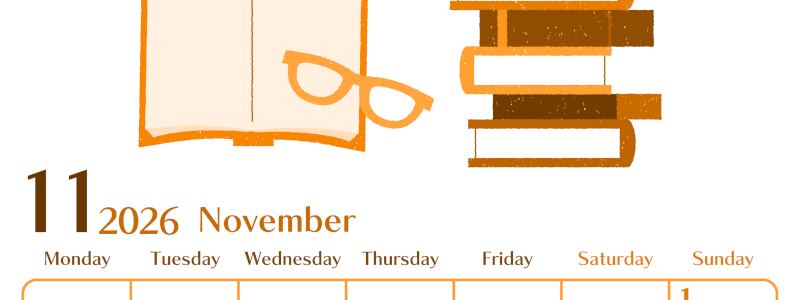2026年11月縦型月曜始まり 読書イラストのおしゃれA4無料オレンジのカレンダー(2026-01081111)