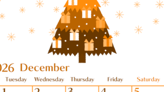 2026年12月縦型月曜始まり クリスマスツリーイラストのおしゃれA4無料オレンジのカレンダー(2026-01081211)