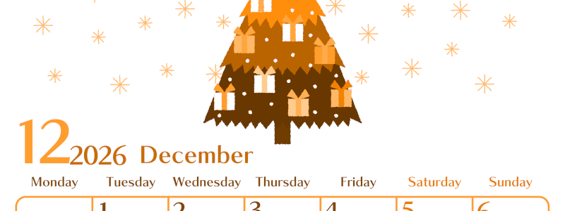2026年12月縦型月曜始まり クリスマスツリーイラストのおしゃれA4無料オレンジのカレンダー(2026-01081211)