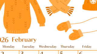 2026年2月縦型日曜始まり イラストのおしゃれA4無料オレンジのカレンダー(2026-01080210)