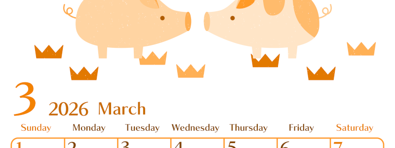 2026年3月縦型日曜始まり 子豚イラストのおしゃれA4無料オレンジのカレンダー(2026-01080310)