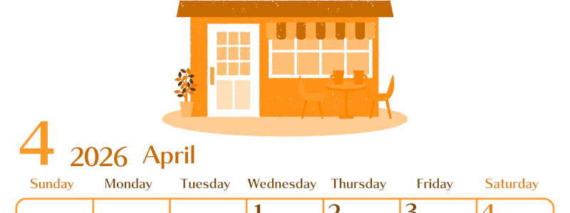 2026年4月縦型日曜始まり 新生活イラストのおしゃれA4無料オレンジのカレンダー(2026-01080410)