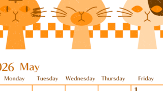 2026年5月縦型日曜始まり 猫たちイラストのおしゃれA4無料オレンジのカレンダー(2026-01080510)