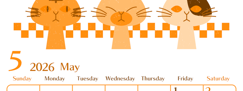 2026年5月縦型日曜始まり 猫たちイラストのおしゃれA4無料オレンジのカレンダー(2026-01080510)