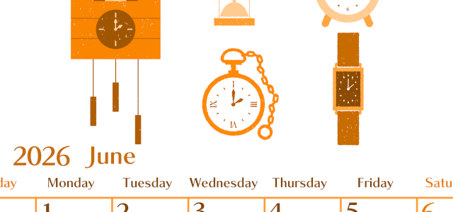 2026年6月縦型日曜始まり 時計イラストのおしゃれA4無料オレンジのカレンダー(2026-01080610)