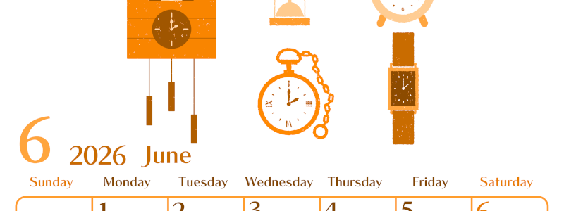 2026年6月縦型日曜始まり 時計イラストのおしゃれA4無料オレンジのカレンダー(2026-01080610)