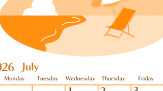 2026年7月縦型日曜始まり  バカンスイラストのおしゃれA4無料オレンジのカレンダー(2026-01080710)