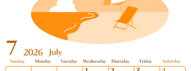 2026年7月縦型日曜始まり  バカンスイラストのおしゃれA4無料オレンジのカレンダー(2026-01080710)