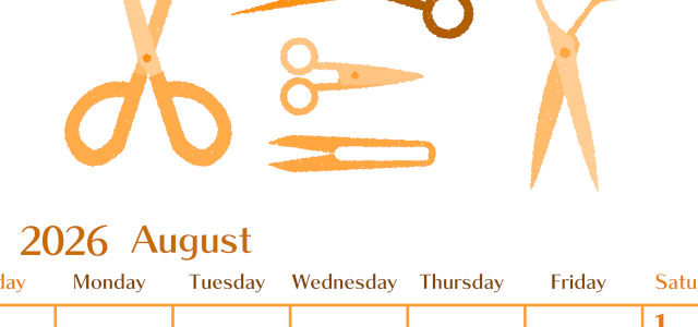 2026年8月縦型日曜始まり ハサミイラストのおしゃれA4無料オレンジのカレンダー(2026-01080810)
