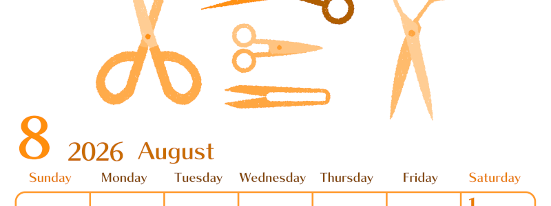 2026年8月縦型日曜始まり ハサミイラストのおしゃれA4無料オレンジのカレンダー(2026-01080810)