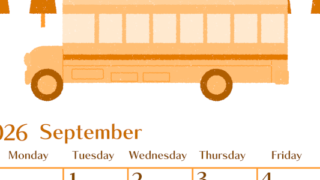 2026年9月縦型日曜始まり バスイラストのおしゃれA4無料オレンジのカレンダー(2026-01080910)