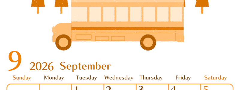 2026年9月縦型日曜始まり バスイラストのおしゃれA4無料オレンジのカレンダー(2026-01080910)